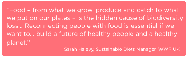 WWWF quoute claiming that reconnecting peopl with food is the key to a healthy future for people and planet